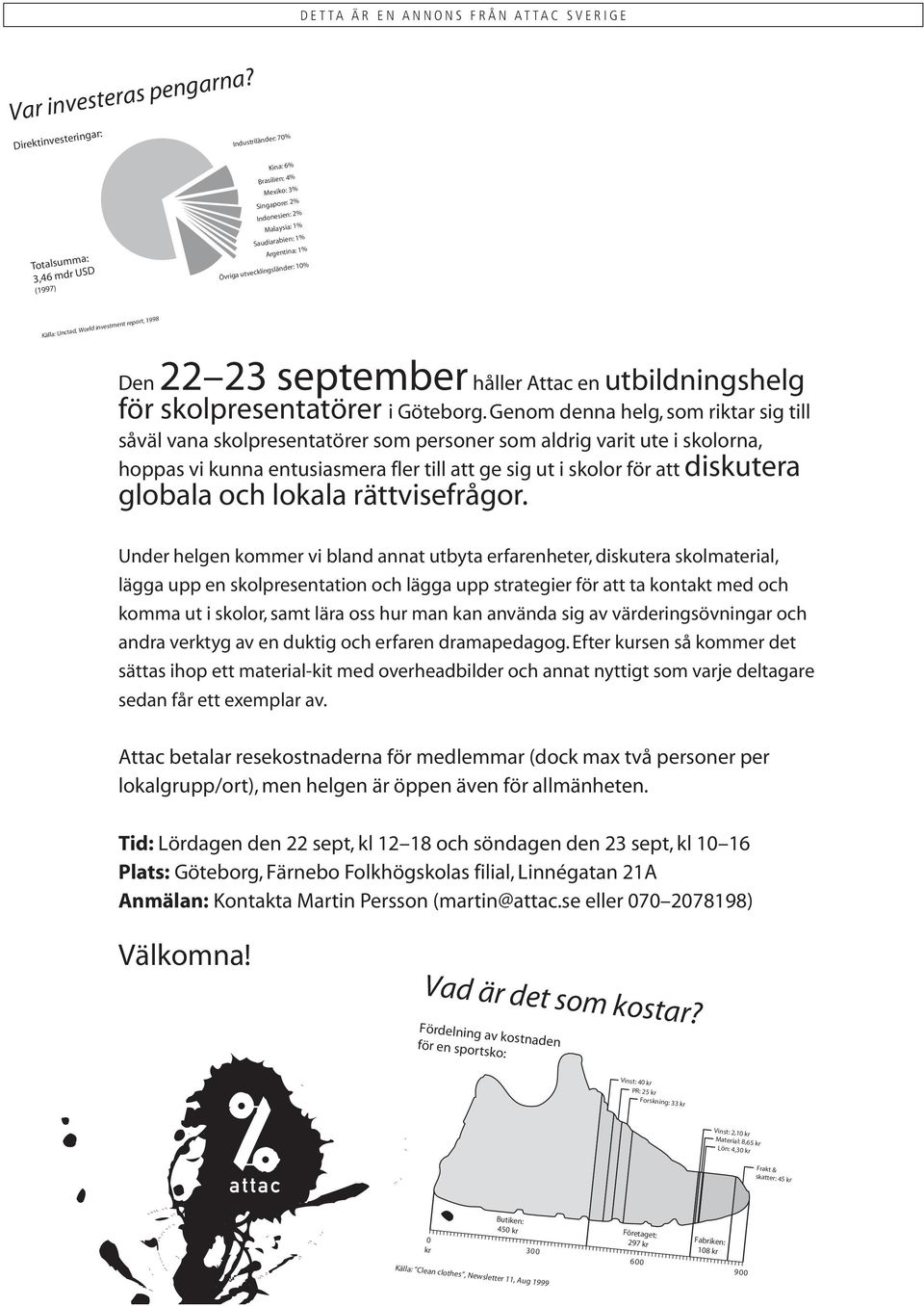 utvecklingsländer: 10% Källa: Unctad, World investment report, 1998 Den 22 23 september håller Attac en utbildningshelg för skolpresentatörer i Göteborg.