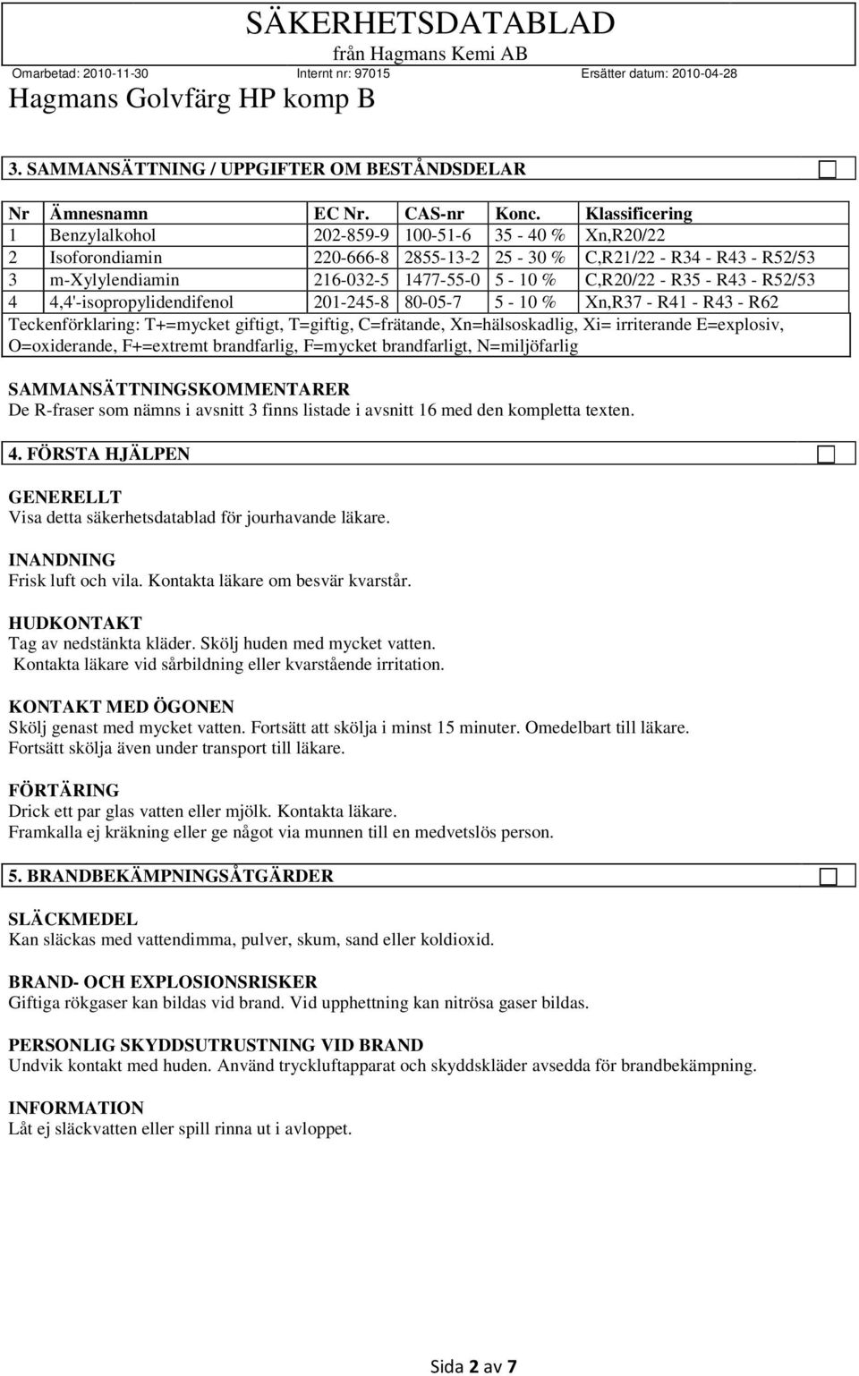 R35 - R43 - R52/53 4 4,4'-isopropylidendifenol 201-245-8 80-05-7 5-10 % Xn,R37 - R41 - R43 - R62 Teckenförklaring: T+=mycket giftigt, T=giftig, C=frätande, Xn=hälsoskadlig, Xi= irriterande