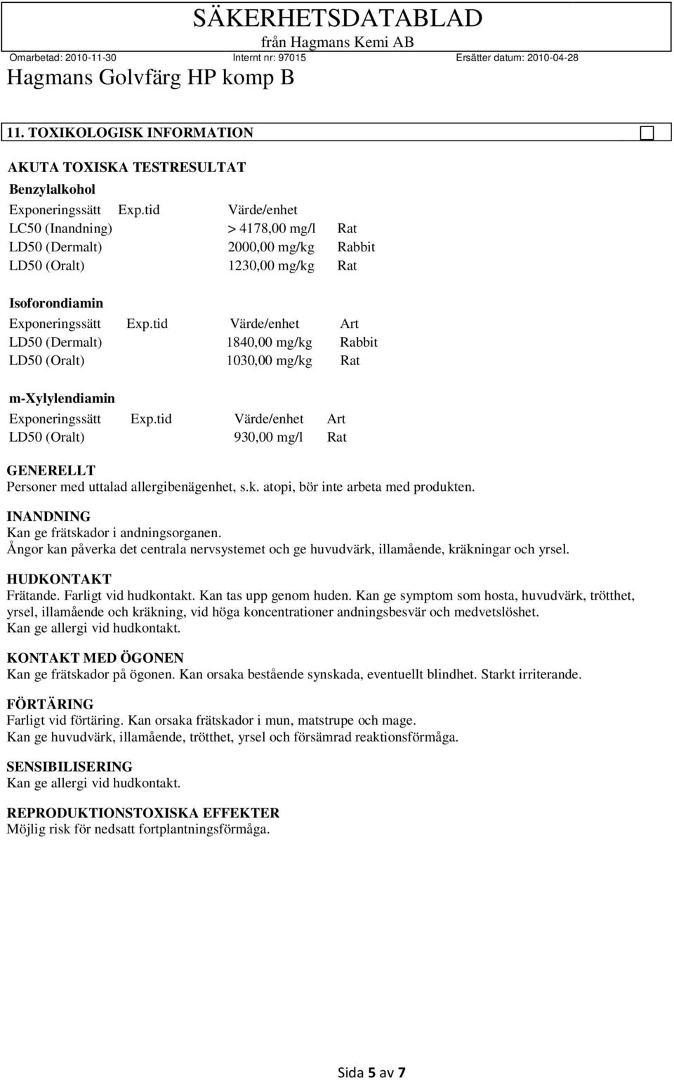 tid Värde/enhet Art LD50 (Dermalt) 1840,00 mg/kg Rabbit LD50 (Oralt) 1030,00 mg/kg Rat m-xylylendiamin Exponeringssätt Exp.