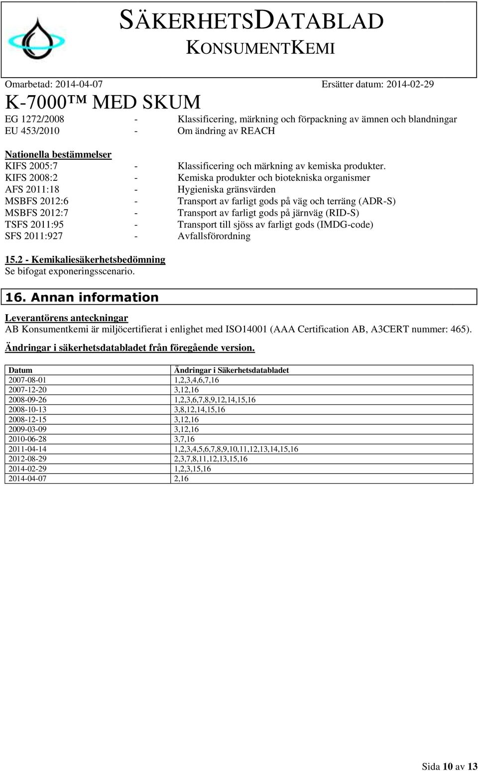 KIFS 2008:2 - Kemiska produkter och biotekniska organismer AFS 2011:18 - Hygieniska gränsvärden MSBFS 2012:6 - Transport av farligt gods på väg och terräng (ADR-S) MSBFS 2012:7 - Transport av farligt