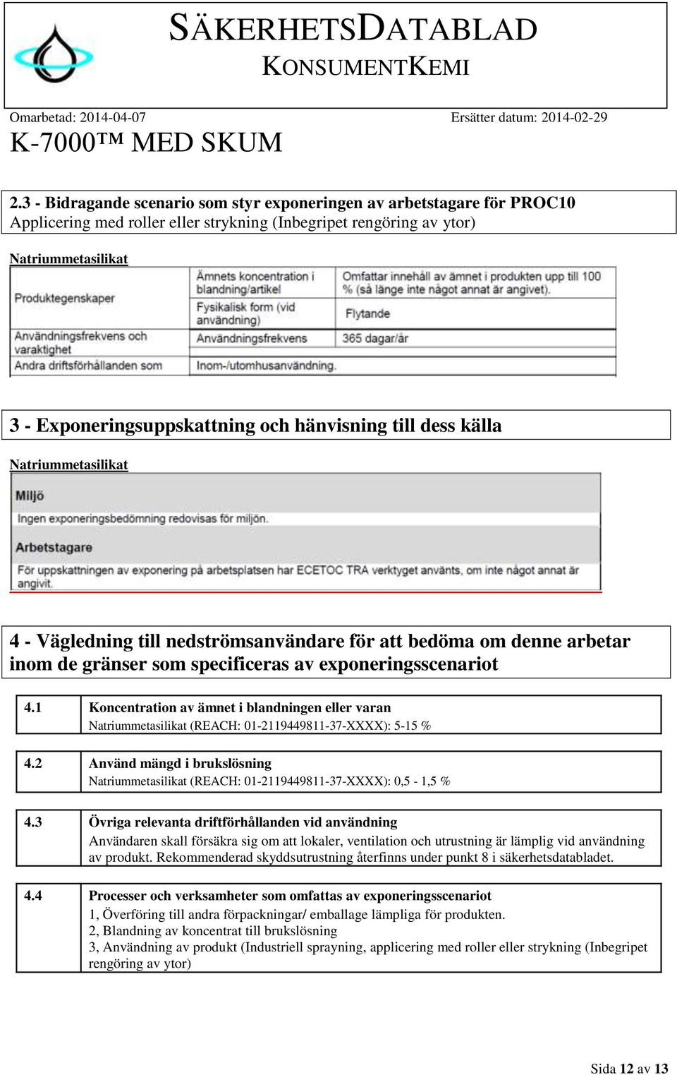 1 Koncentration av ämnet i blandningen eller varan (REACH: 01-2119449811-37-XXXX): 5-15 % 4.2 Använd mängd i brukslösning (REACH: 01-2119449811-37-XXXX): 0,5-1,5 % 4.