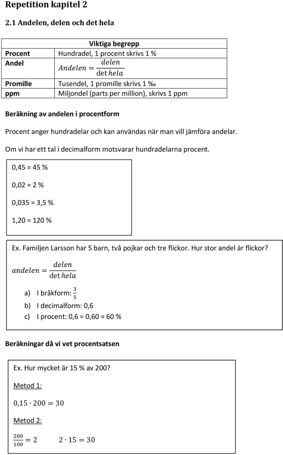 Beräkning av andelen i procentform Procent anger hundradelar och kan användas när man vill jämföra andelar. Om vi har ett tal i decimalform motsvarar hundradelarna procent.