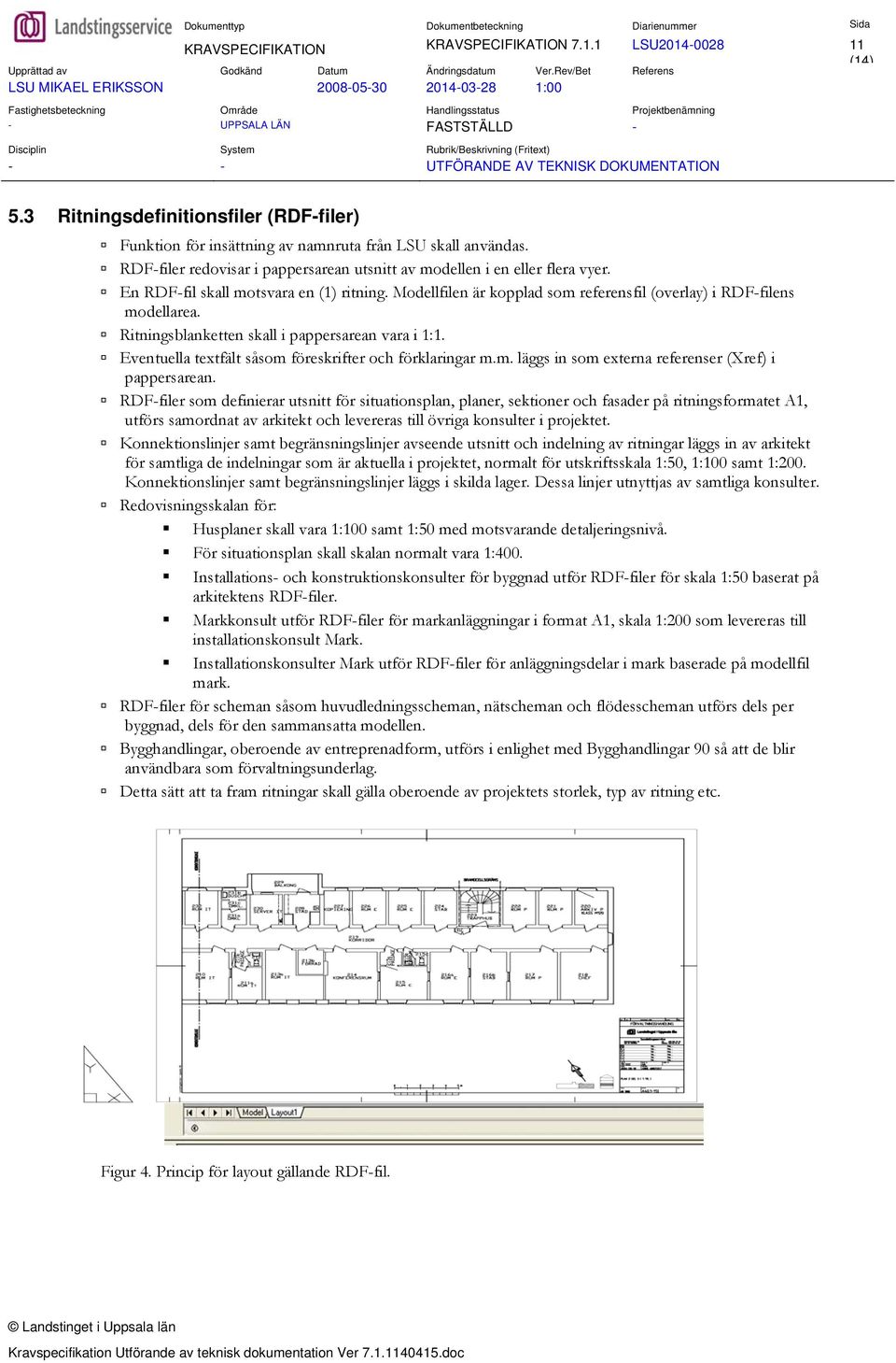 En RDF-fil skall motsvara en (1) ritning. Modellfilen är kopplad som referensfil (overlay) i RDF-filens modellarea. Ritningsblanketten skall i pappersarean vara i 1:1.