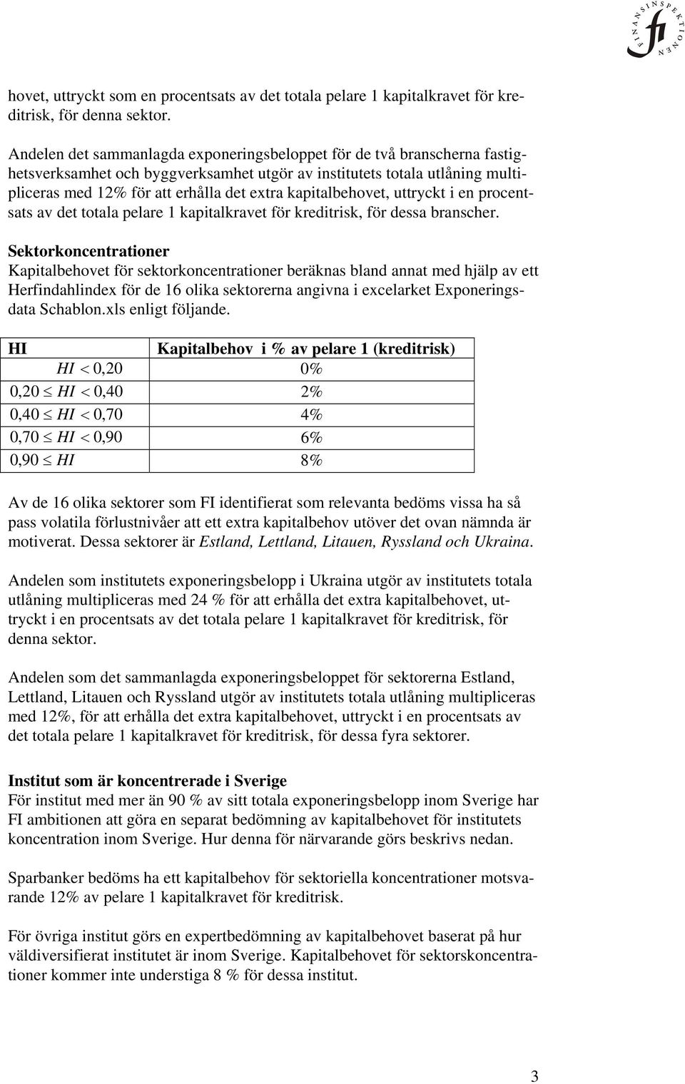 kapitalbehovet, uttryckt i en procent- sats av det totala pelare 1 kapitalkravet för kreditrisk, för dessa branscher.