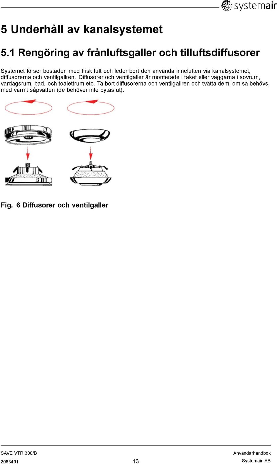 inneluften via kanalsystemet, diffusorerna och ventilgallren.