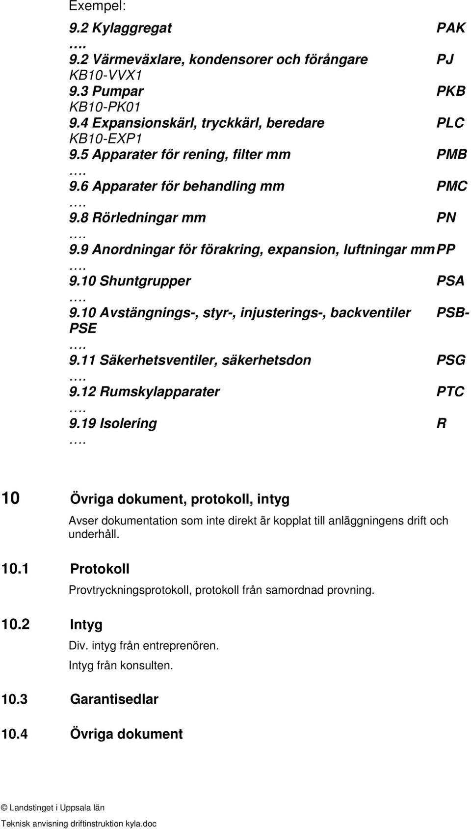 10 Avstängnings-, styr-, injusterings-, backventiler PSB- PSE 9.11 Säkerhetsventiler, säkerhetsdon PSG 9.12 Rumskylapparater PTC 9.19 Isolering R 10 Övriga dokument, protokoll, intyg 10.