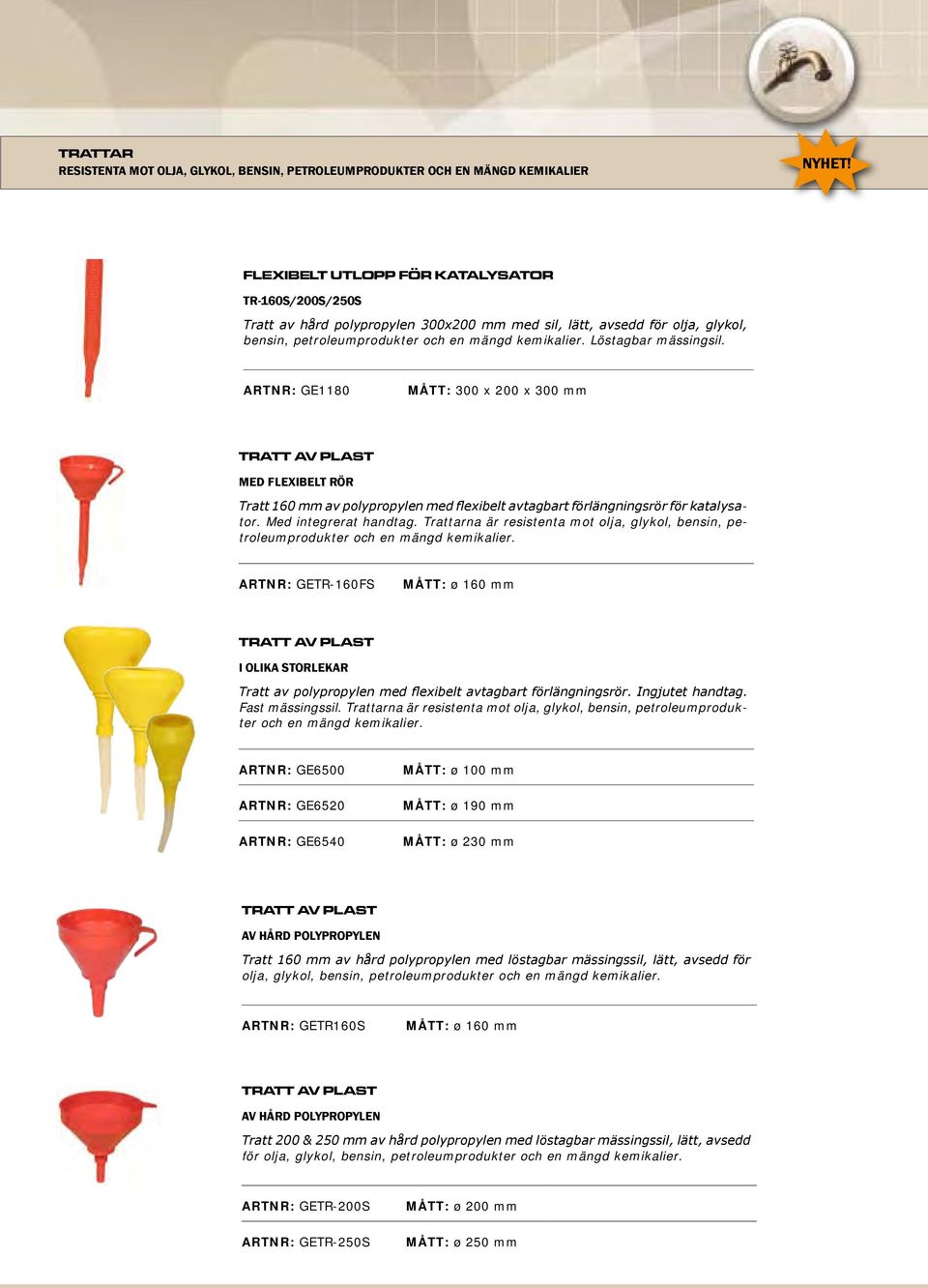 Löstagbar mässingsil. ARTNR: GE1180 MÅTT: 300 x 200 x 300 mm TRATT AV PLAST MED FLEXIBELT RÖR Tratt 160 mm av polypropylen med flexibelt avtagbart förlängningsrör för katalysator.