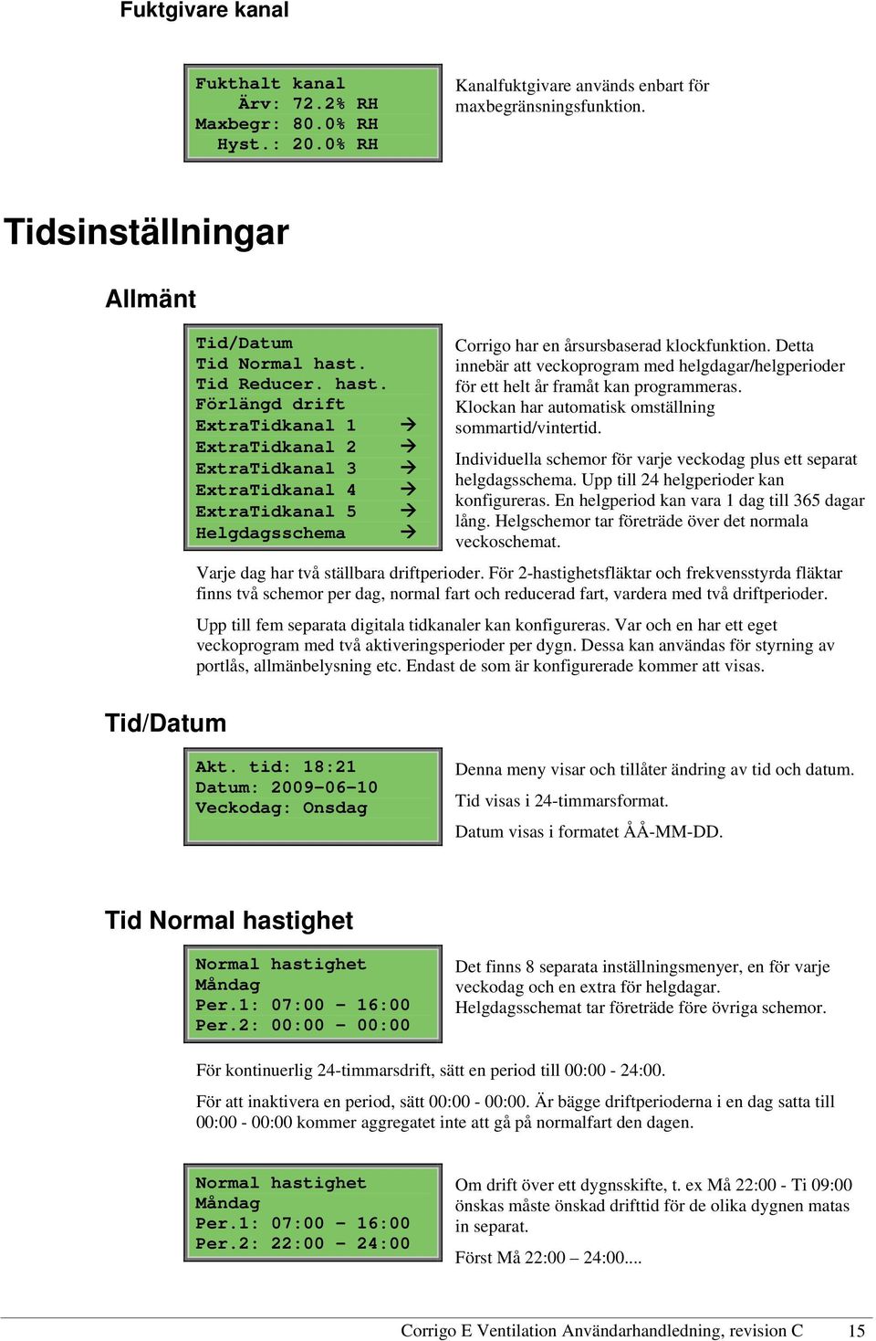 Tid Reducer. hast. Förlängd drift ExtraTidkanal 1 ExtraTidkanal 2 ExtraTidkanal 3 ExtraTidkanal 4 ExtraTidkanal 5 Helgdagsschema Corrigo har en årsursbaserad klockfunktion.