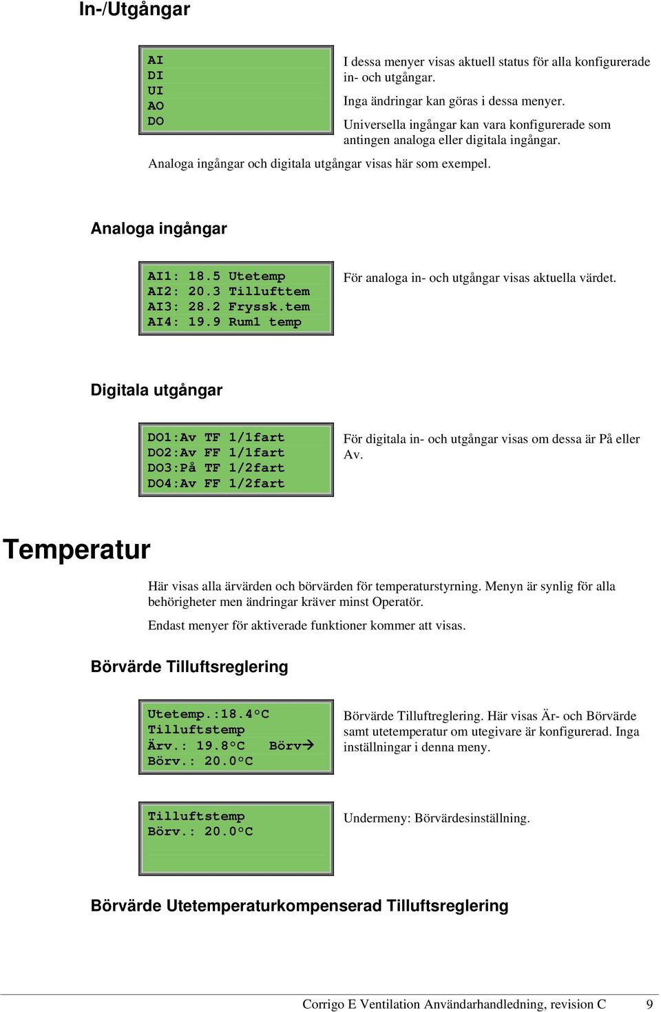 2 Fryssk.tem AI4: 19.9 Rum1 temp För analoga in- och utgångar visas aktuella värdet.