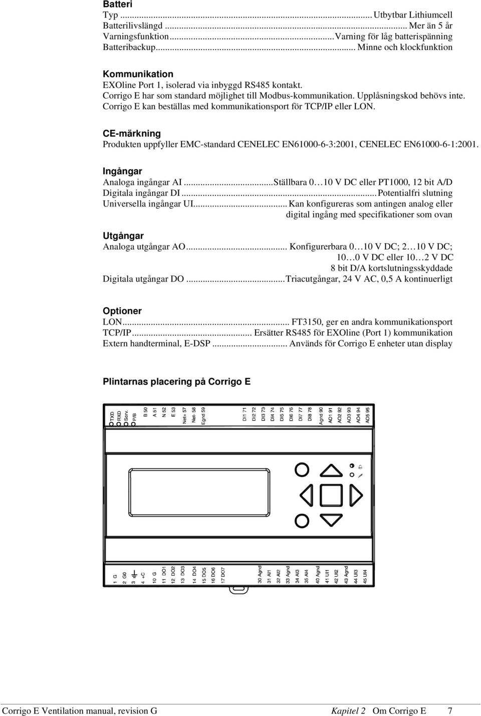 Corrigo E kan beställas med kommunikationsport för TCP/IP eller LON. CE-märkning Produkten uppfyller EMC-standard CENELEC EN61000-6-3:2001, CENELEC EN61000-6-1:2001. Ingångar Analoga ingångar AI.