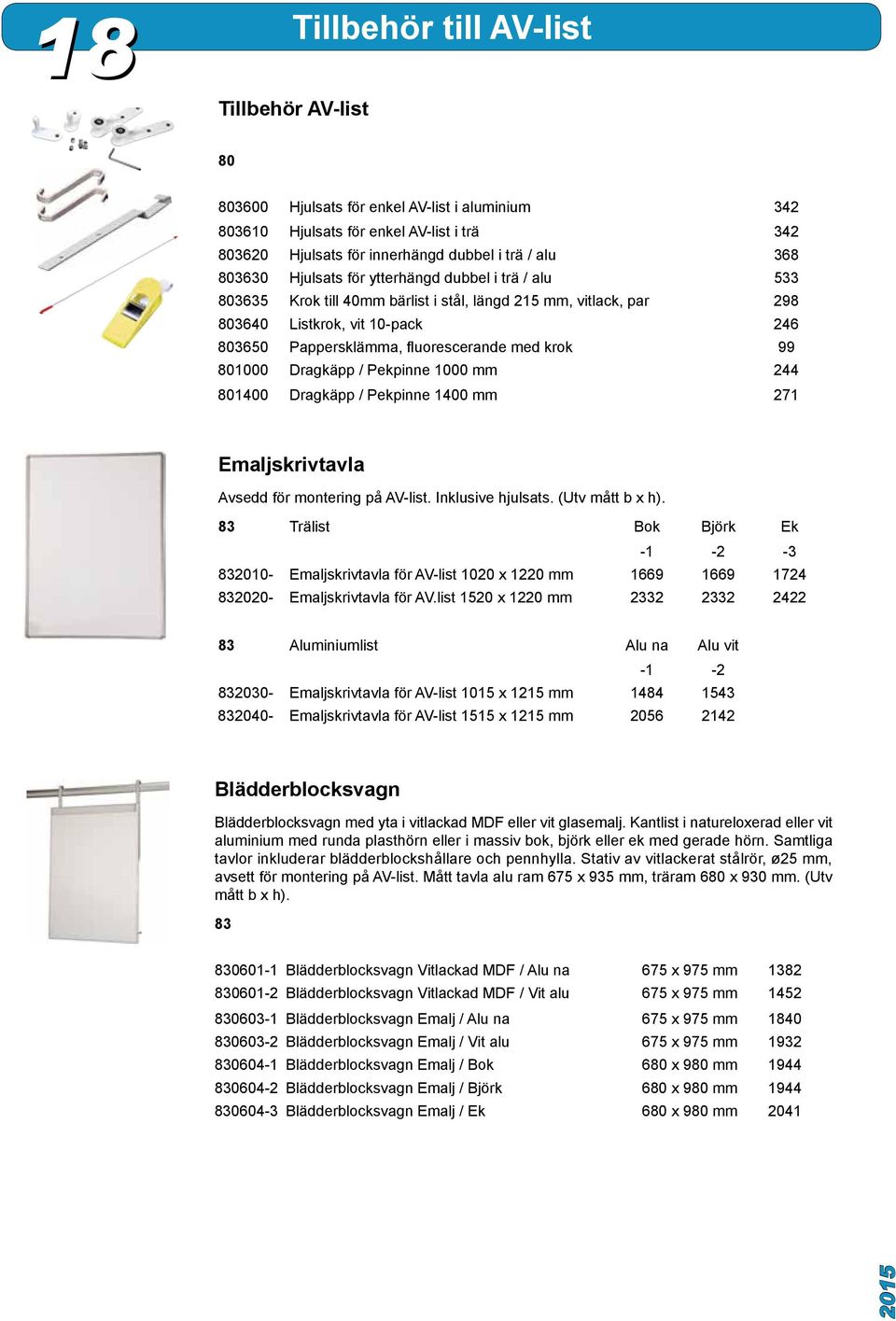 krok 99 801000 Dragkäpp / Pekpinne 1000 mm 244 801400 Dragkäpp / Pekpinne 1400 mm 271 Emaljskrivtavla Avsedd för montering på AV-list. Inklusive hjulsats. (Utv mått b x h).