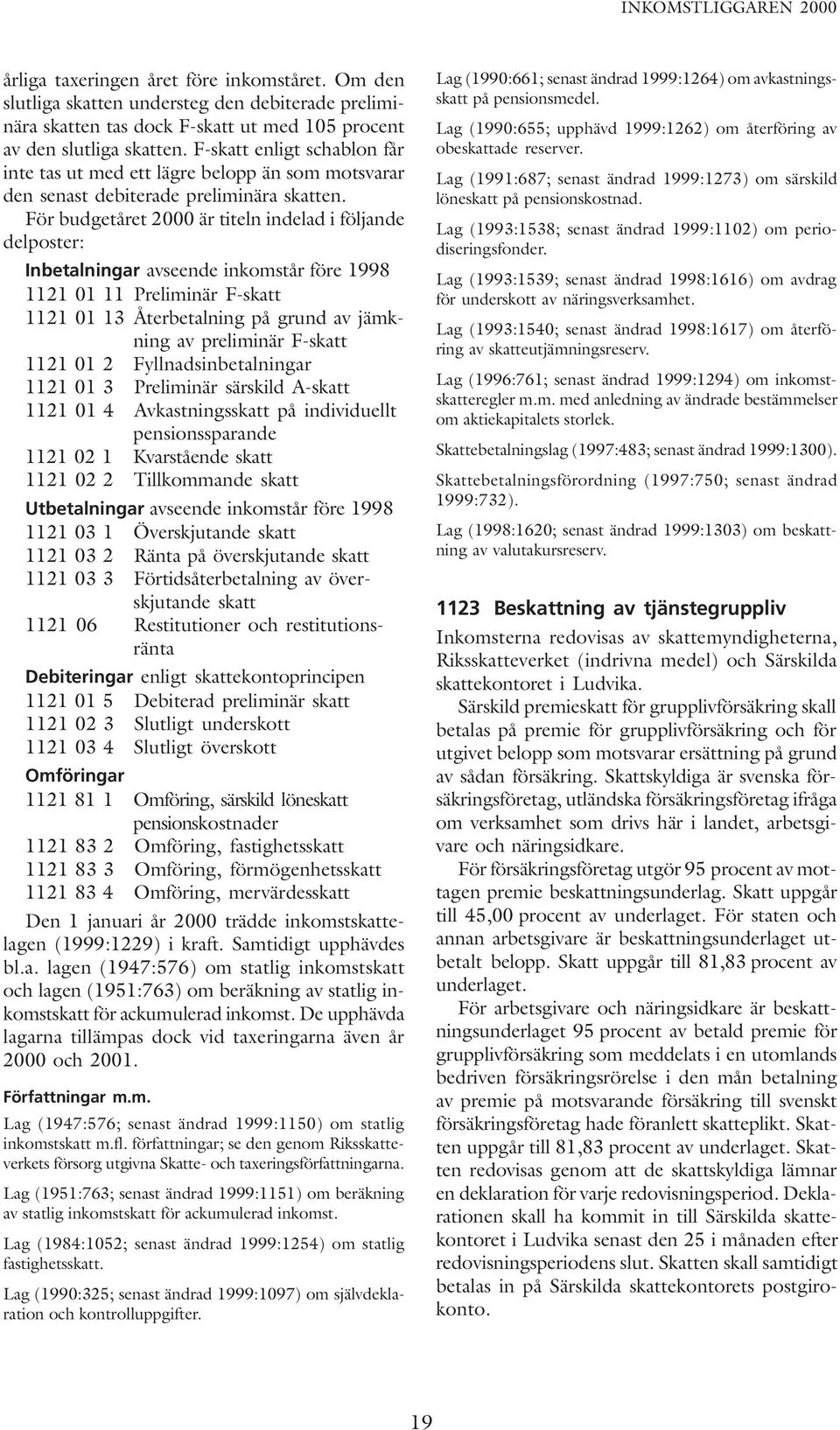 För budgetåret 2000 är titeln indelad i följande delposter: Inbetalningar avseende inkomstår före 1998 1121 01 11 Preliminär F-skatt 1121 01 13 Återbetalning på grund av jämkning av preliminär