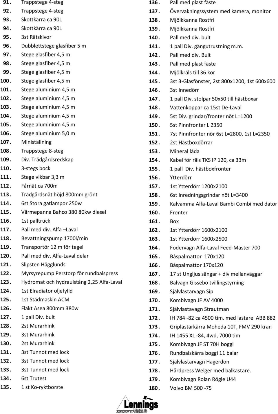 Stege aluminium 5,0 m 107. Ministällning 108. Trappstege 8-steg 109. Div. Trädgårdsredskap 110. 3-stegs bock 111. Stege vikbar 3,3 m 112. Fårnät ca 700m 113. Trädgårdsnät höjd 800mm grönt 114.