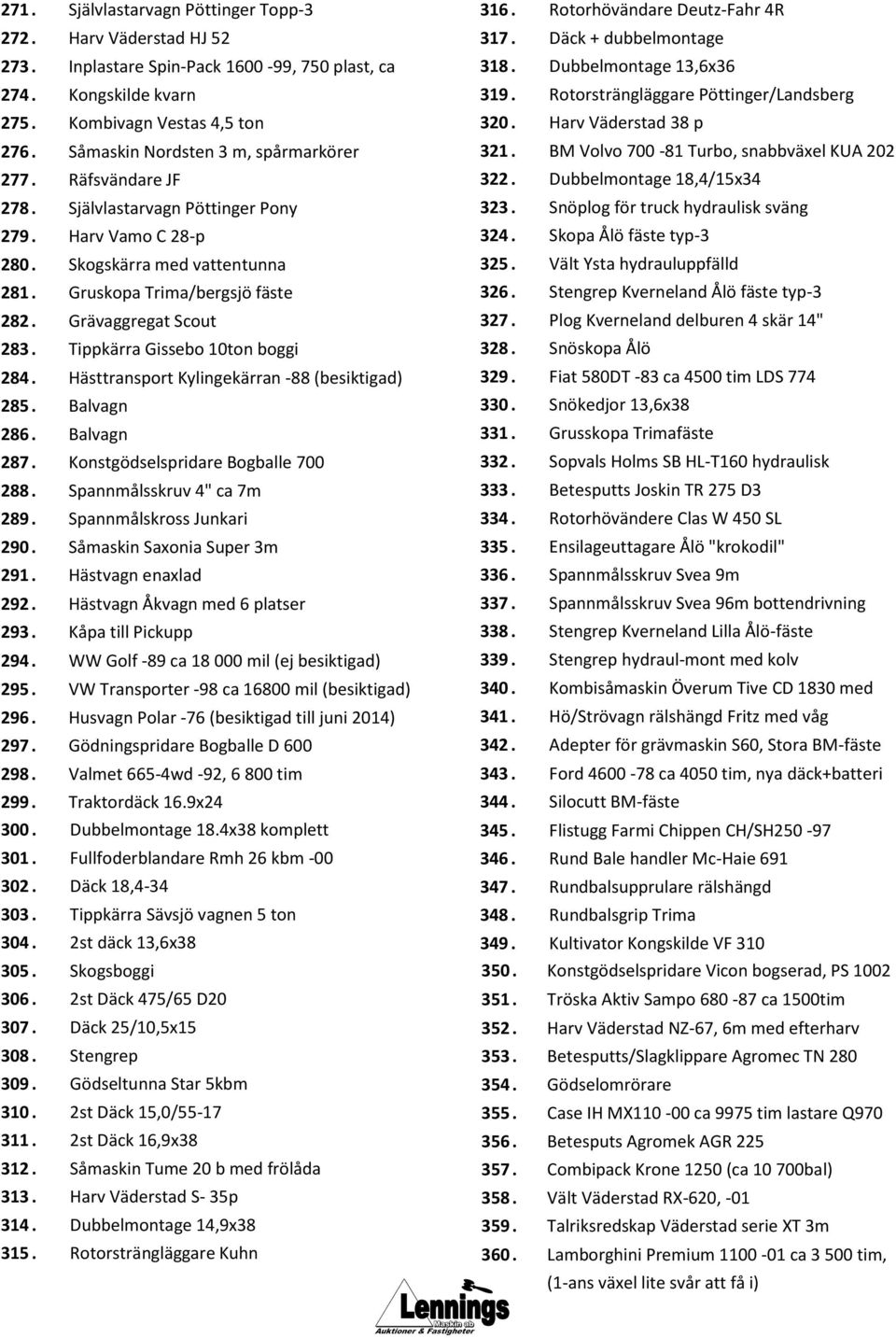 Grävaggregat Scout 283. Tippkärra Gissebo 10ton boggi 284. Hästtransport Kylingekärran -88 (besiktigad) 285. Balvagn 286. Balvagn 287. Konstgödselspridare Bogballe 700 288.