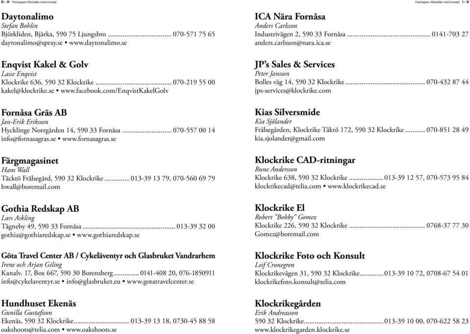 se www.fornasagras.se Färgmagasinet Hans Wall Täcktö Frälsegård, 590 32 Klockrike...013-39 13 79, 070-560 69 79 hwall@boremail.com Gothia Redskap AB Lars Askling Tägneby 49, 590 33 Fornåsa.