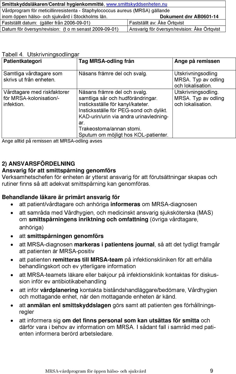 Insticksställe för PEG-sond och dylikt. KAD-urin/urin via andra urinavledningar. Trakeostoma/annan stomi. Sputum om möjligt hos KOL-patienter. Utskrivningsodling MRSA. Typ av odling och lokalisation.