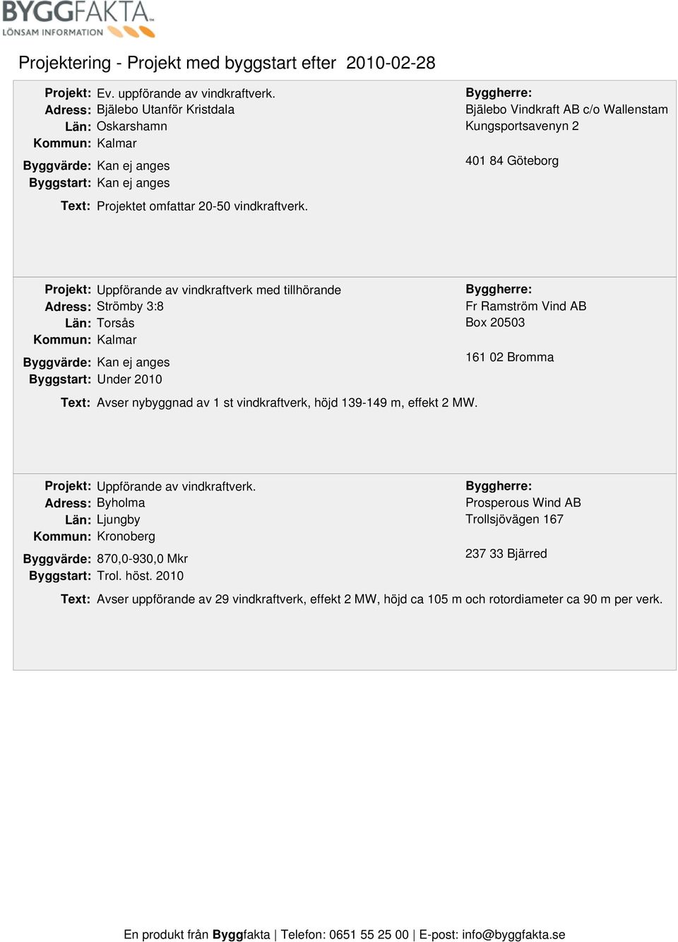 Box 20503 Kalmar 161 02 Bromma Under 2010 Avser nybyggnad av 1 st vindkraftverk, höjd 139-149 m, effekt 2 MW. Uppförande av vindkraftverk.