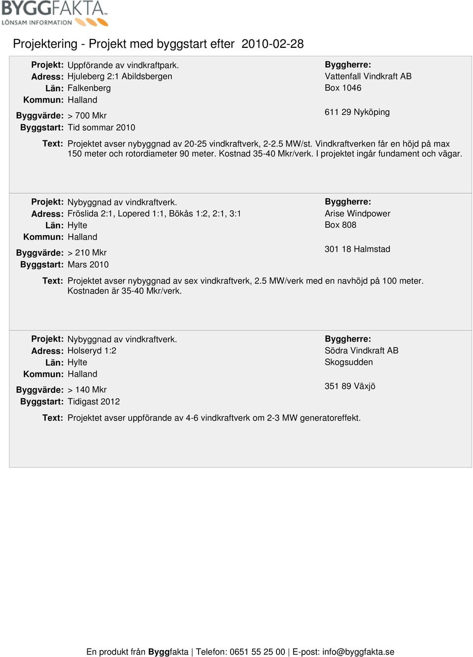 Vindkraftverken får en höjd på max 150 meter och rotordiameter 90 meter. Kostnad 35-40 Mkr/verk. I projektet ingår fundament och vägar.