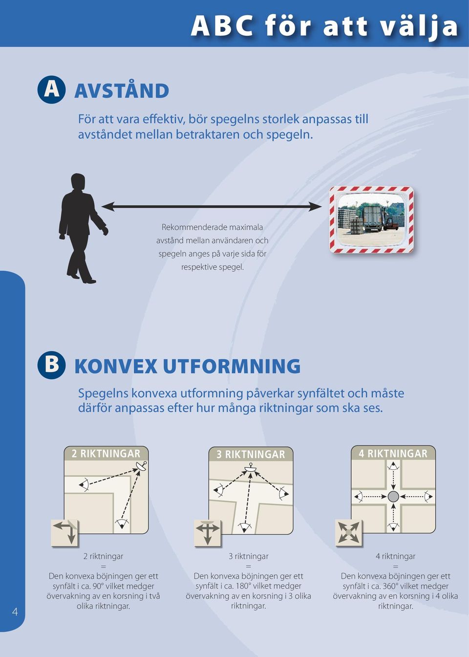 b Konvex utformning Spegelns konvexa utformning påverkar synfältet och måste därför anpassas efter hur många riktningar som ska ses.