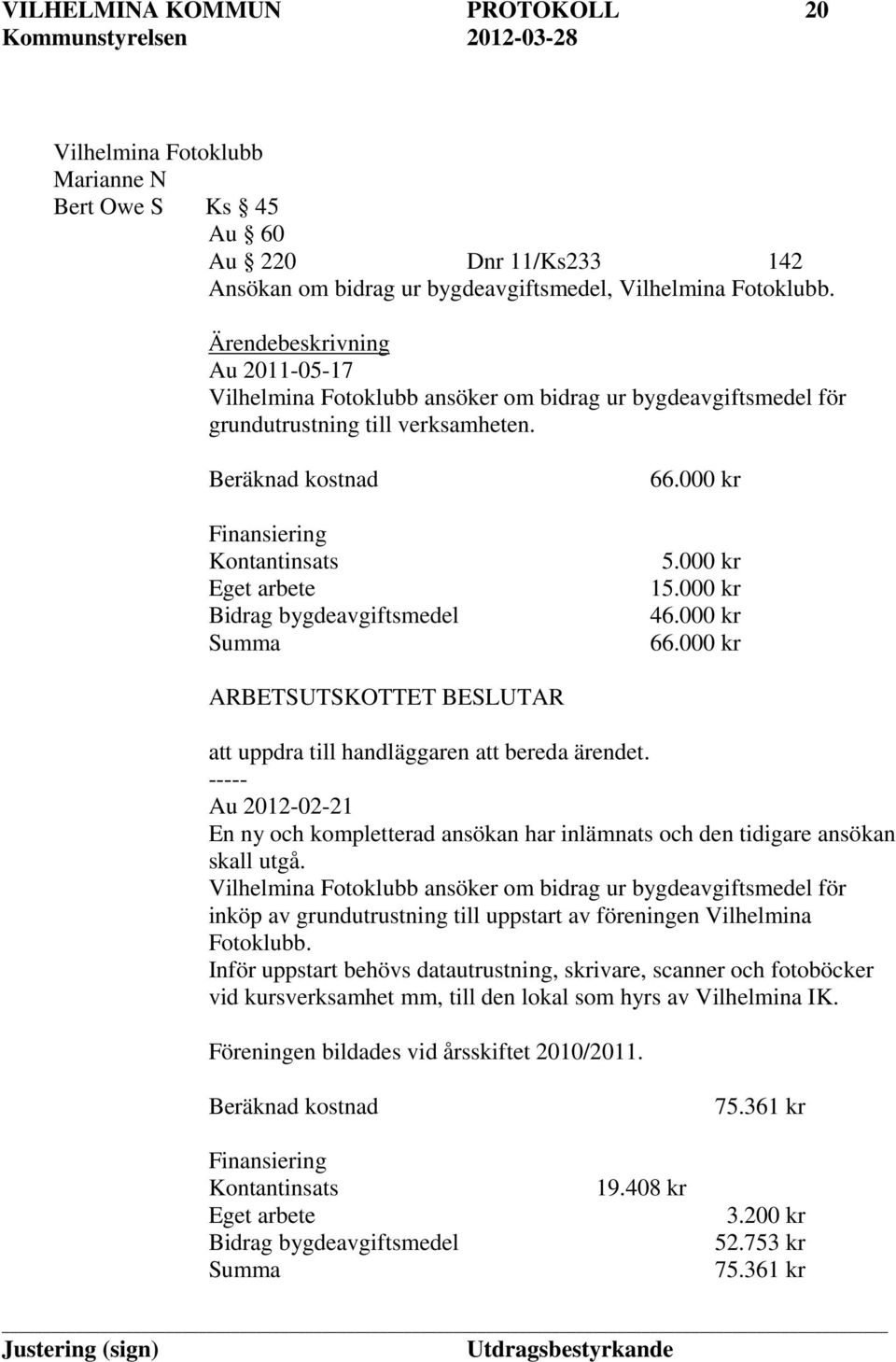 Beräknad kostnad Finansiering Kontantinsats Eget arbete Bidrag bygdeavgiftsmedel Summa 66.000 kr 5.000 kr 15.000 kr 46.000 kr 66.