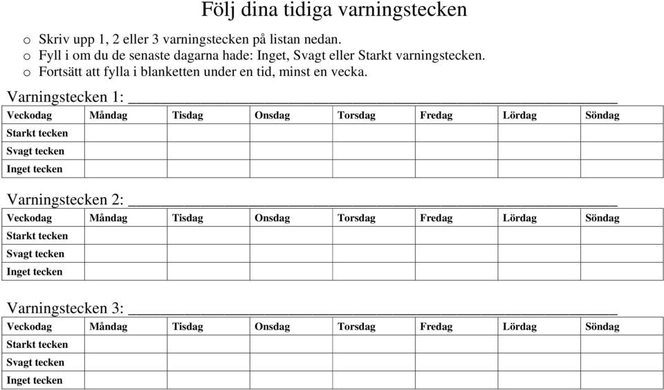 Varningstecken 1: _ Veckodag Måndag Tisdag Onsdag Torsdag Fredag Lördag Söndag Starkt tecken Svagt tecken Inget tecken Varningstecken 2: _ Veckodag