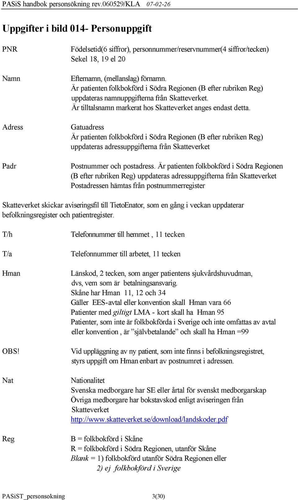 Gatuadress Är patienten folkbokförd i Södra Regionen (B efter rubriken Reg) uppdateras adressuppgifterna från Skatteverket Postnummer och postadress.