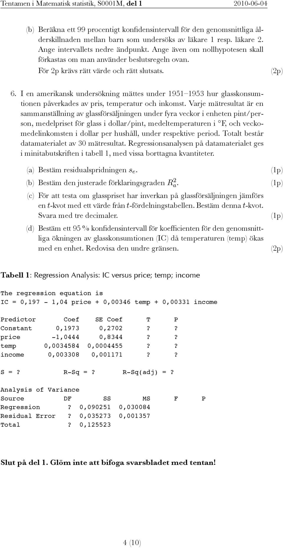 I en amerikansk undersökning mättes under 1951 1953 hur glasskonsumtionen påverkades av pris, temperatur och inkomst.