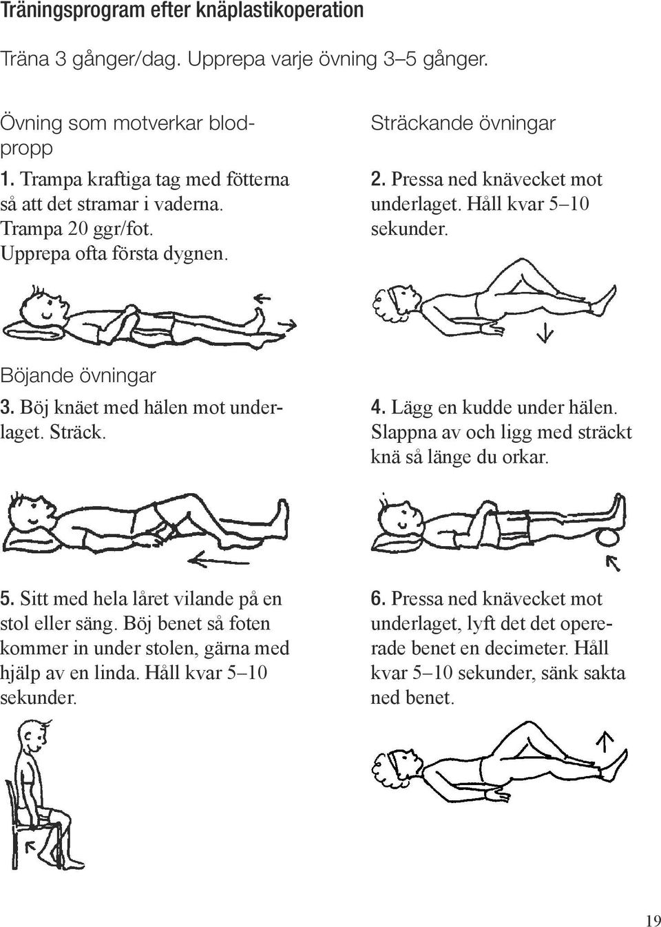 Håll kvar 5 10 sekunder. Böjande övningar 3. Böj knäet med hälen mot underlaget. Sträck. 4. Lägg en kudde under hälen. Slappna av och ligg med sträckt knä så länge du orkar. 5. Sitt med hela låret vilande på en stol eller säng.