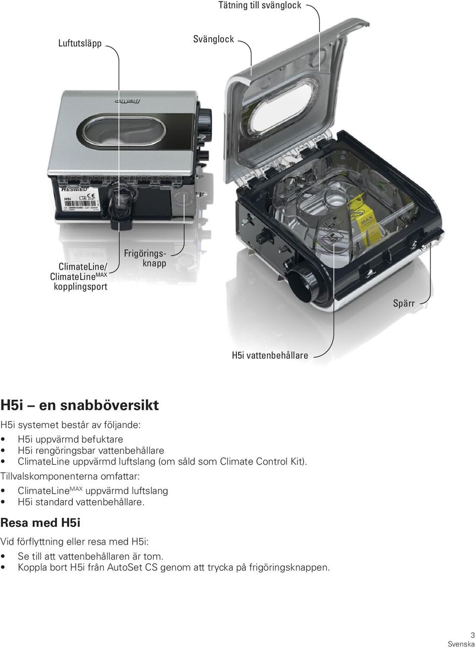 såld som Climate Control Kit). Tillvalskomponenterna omfattar: ClimateLine MAX uppvärmd luftslang H5i standard vattenbehållare.