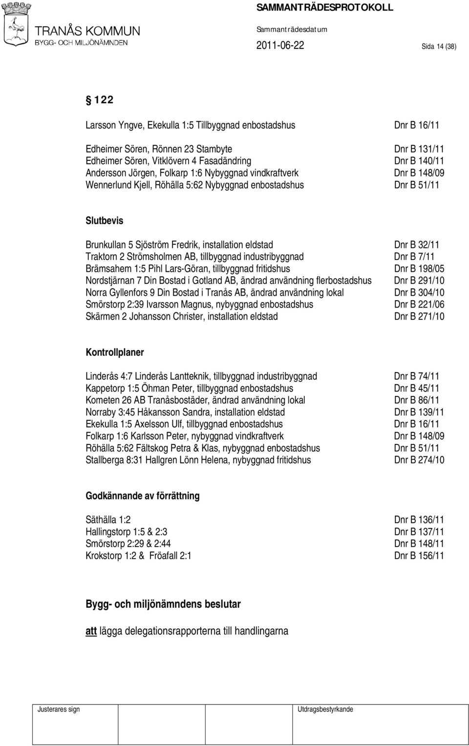 B 32/11 Traktorn 2 Strömsholmen AB, tillbyggnad industribyggnad Dnr B 7/11 Brämsahem 1:5 Pihl Lars-Göran, tillbyggnad fritidshus Dnr B 198/05 Nordstjärnan 7 Din Bostad i Gotland AB, ändrad användning