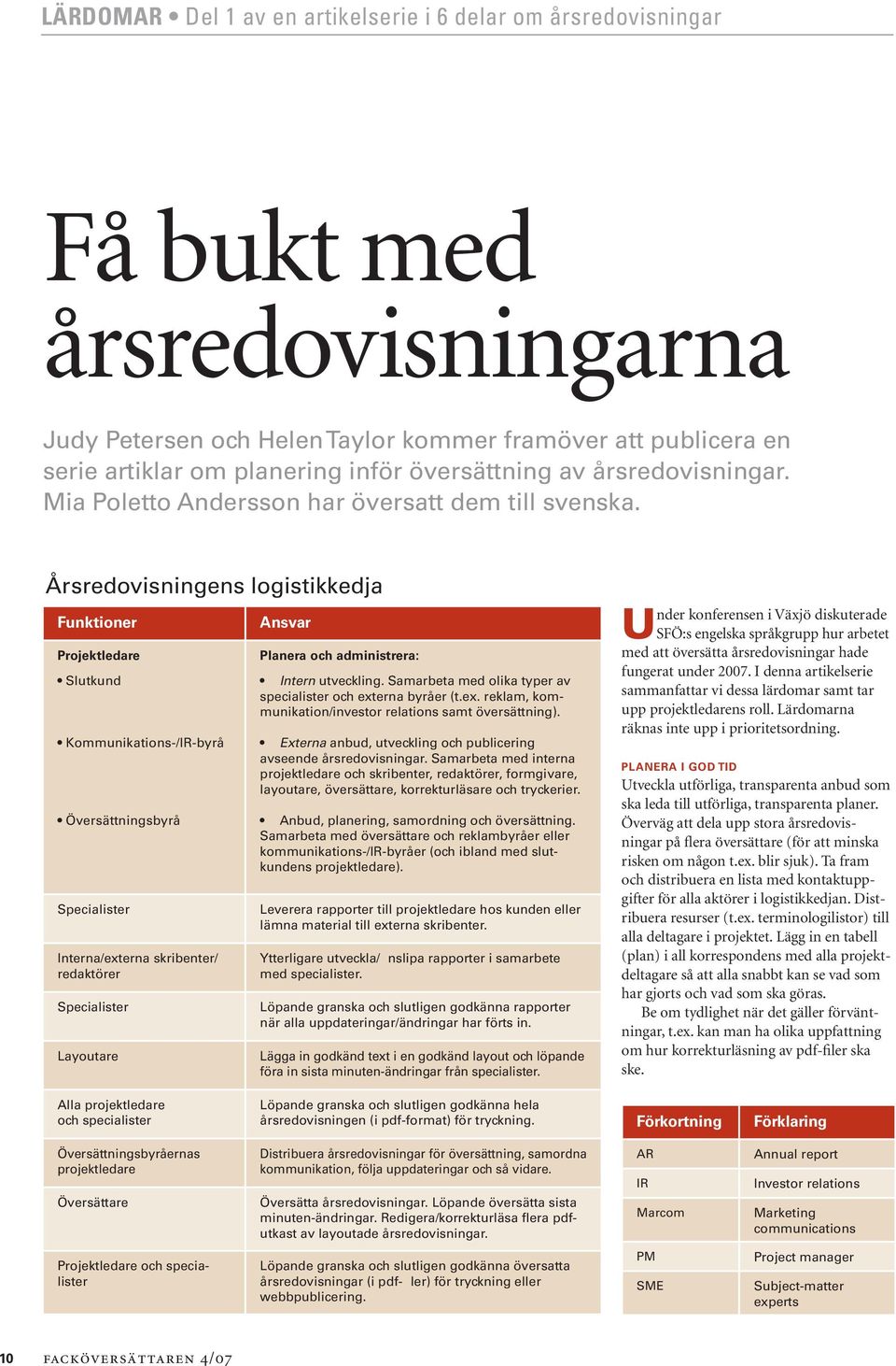 Årsredovisningens logistikkedja Funktioner Projektledare Slutkund Kommunikations-/IR-byrå Översättningsbyrå Specialister Interna/externa skribenter/ redaktörer Specialister Layoutare Ansvar Planera