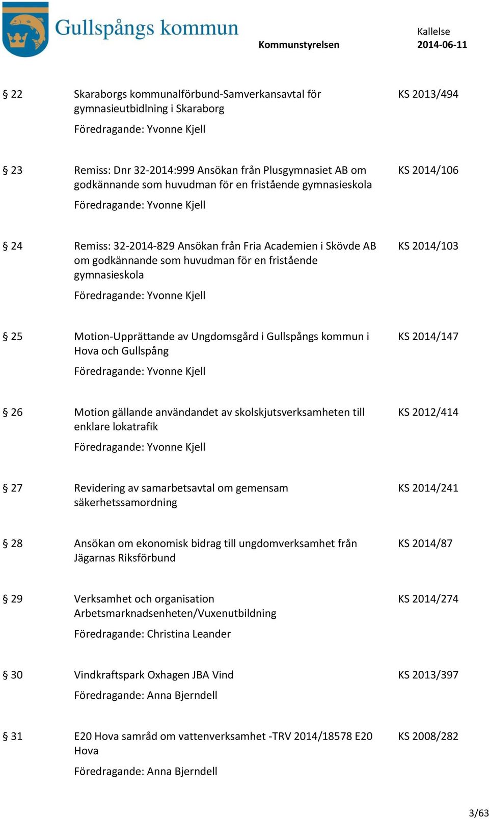 gymnasieskola Föredragande: Yvonne Kjell KS 2014/103 25 Motion-Upprättande av Ungdomsgård i Gullspångs kommun i Hova och Gullspång Föredragande: Yvonne Kjell KS 2014/147 26 Motion gällande