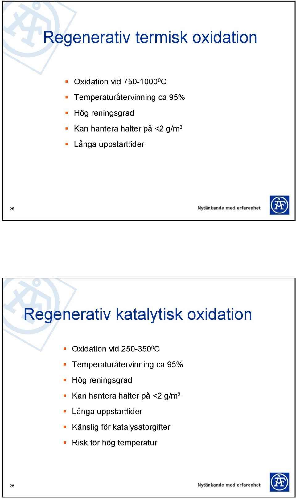 oxidation Oxidation vid 250-350 0 C Temperaturåtervinning ca 95% Hög reningsgrad Kan