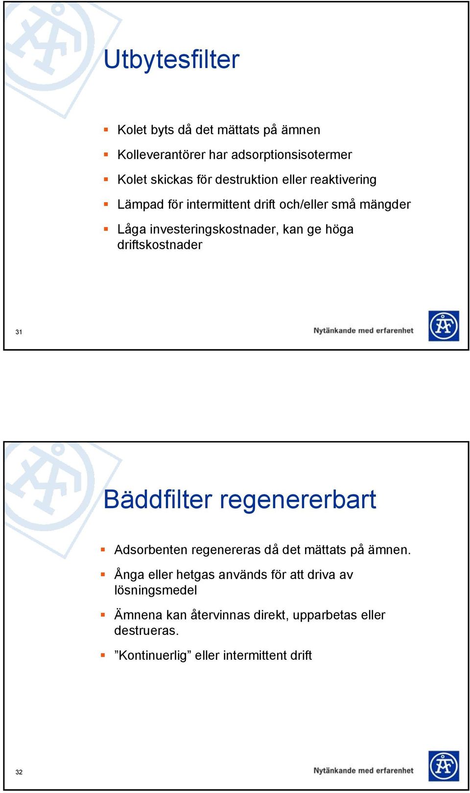 driftskostnader 31 Bäddfilter regenererbart Adsorbenten regenereras då det mättats på ämnen.