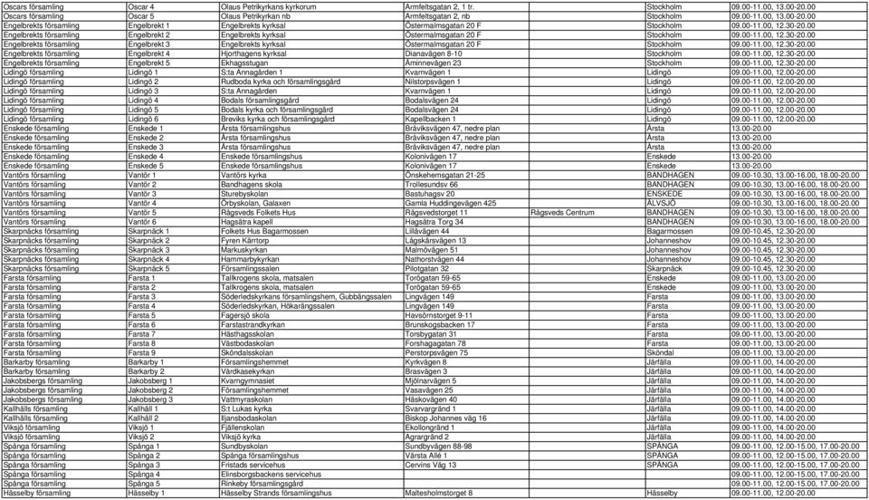 00-11.00, 12.30-20.00 Engelbrekts församling Engelbrekt 2 Engelbrekts kyrksal Östermalmsgatan 20 F Stockholm 09.00-11.00, 12.30-20.00 Engelbrekts församling Engelbrekt 3 Engelbrekts kyrksal Östermalmsgatan 20 F Stockholm 09.