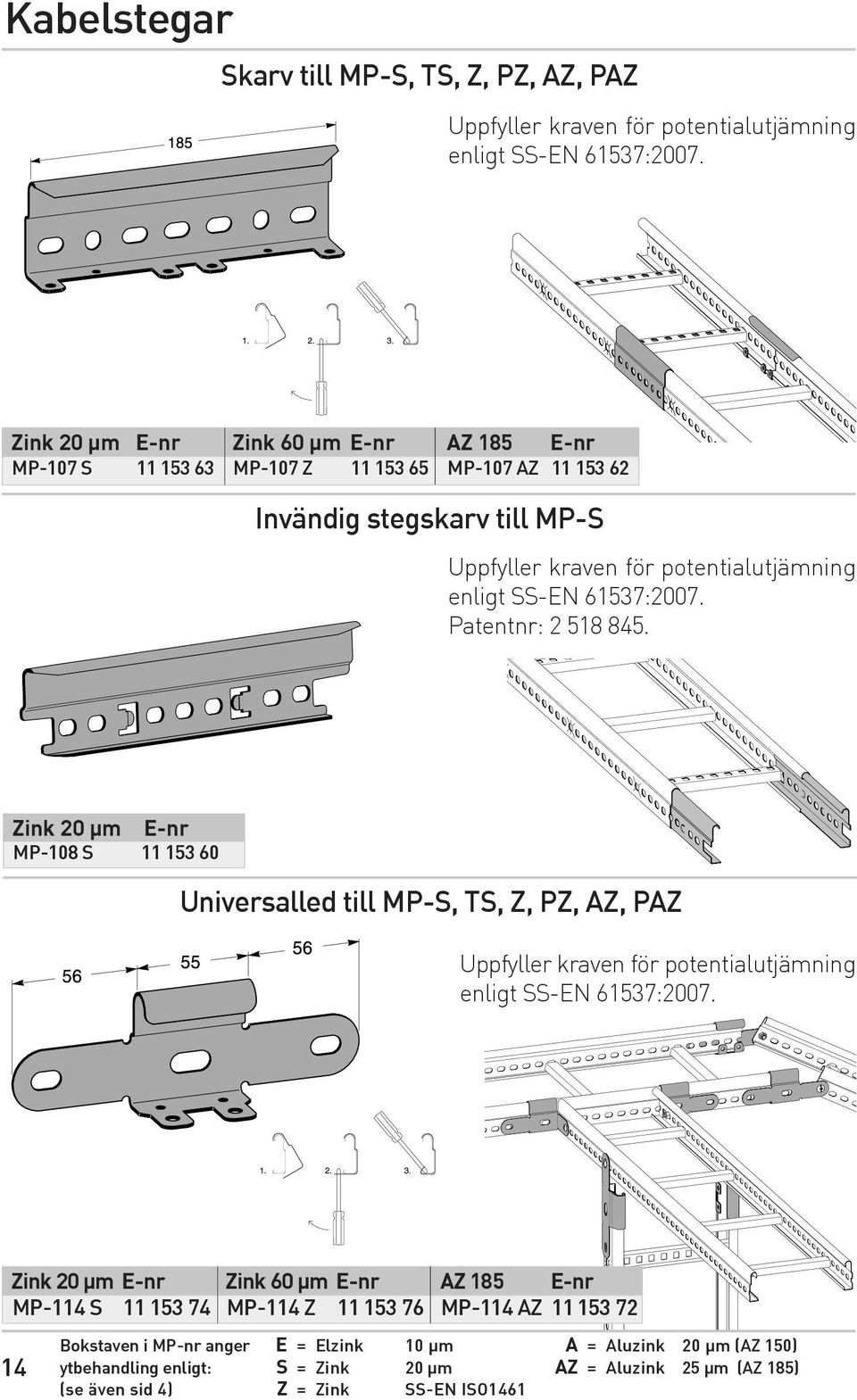 61537:2007. Patentnr: 2 518 845. Zink 20 µm E-nr MP-108 S 11 153 60 Universalled till MP-S, TS, Z, PZ, AZ, PAZ Uppfyller kraven för potentialutjämning enligt SS-EN 61537:2007.