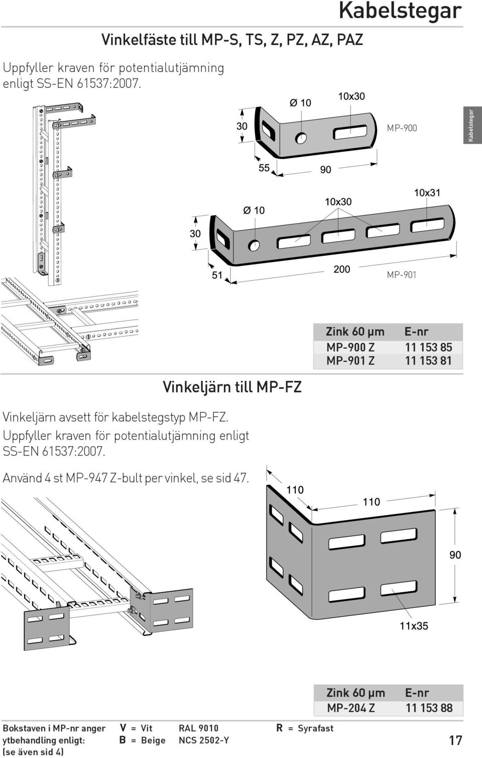 MP-FZ. Uppfyller kraven för potentialutjämning enligt SS-EN 61537:2007. Använd 4 st MP-947 Z-bult per vinkel, se sid 47.