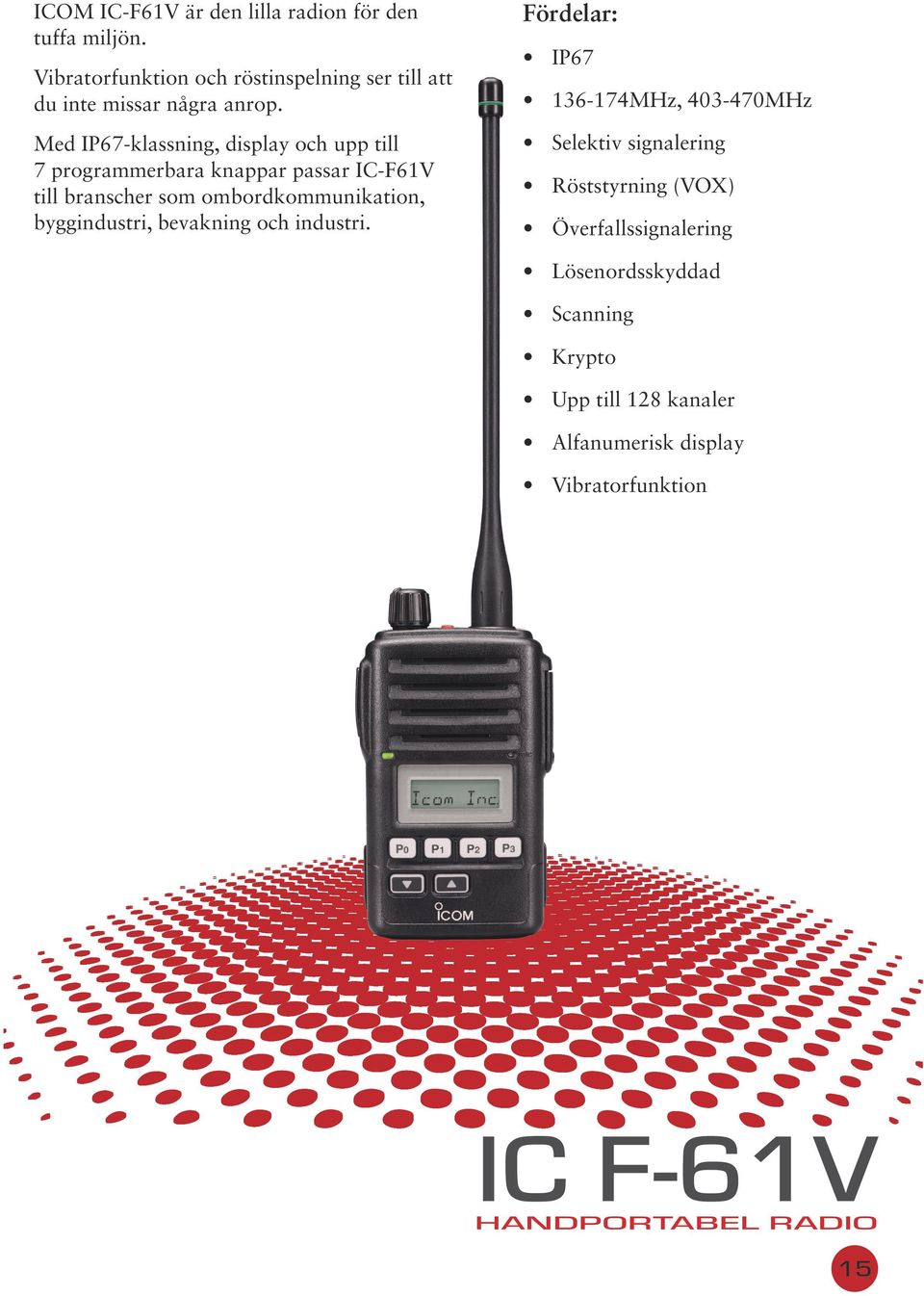 Med IP67-klassning, display och upp till 7 programmerbara knappar passar IC-F61V till branscher som ombordkommunikation,