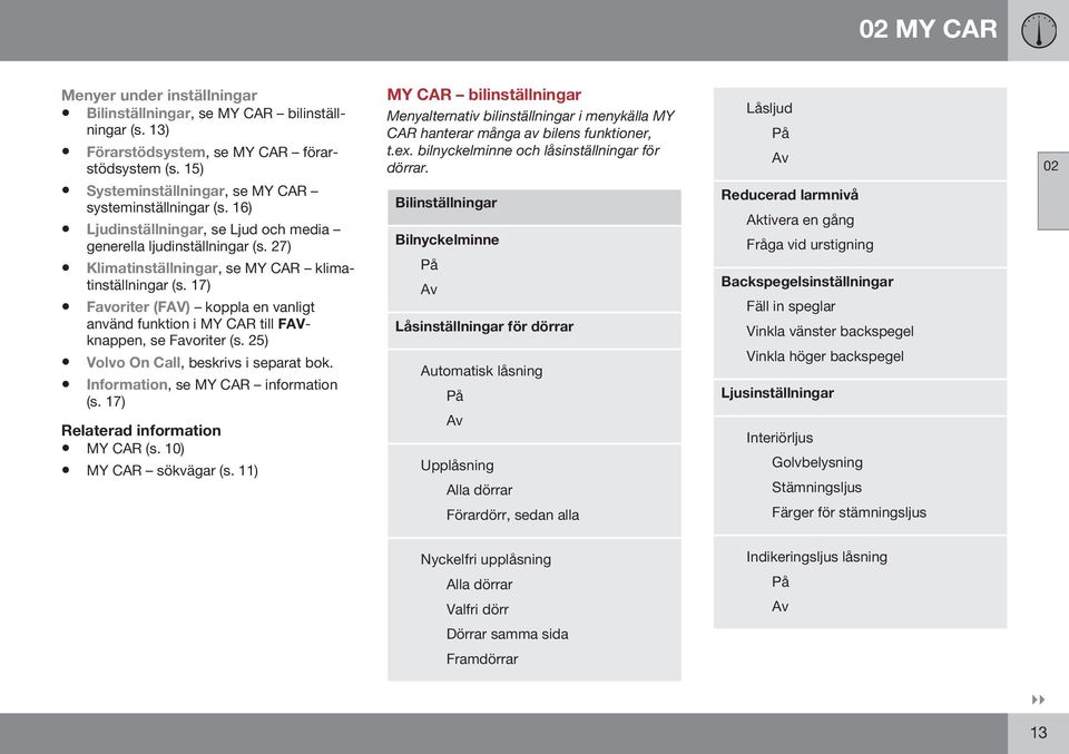 17) Favoriter (FAV) koppla en vanligt använd funktion i MY CAR till FAVknappen, se Favoriter (s. 25) Volvo On Call, beskrivs i separat bok. Information, se MY CAR information (s. 17) MY CAR (s.