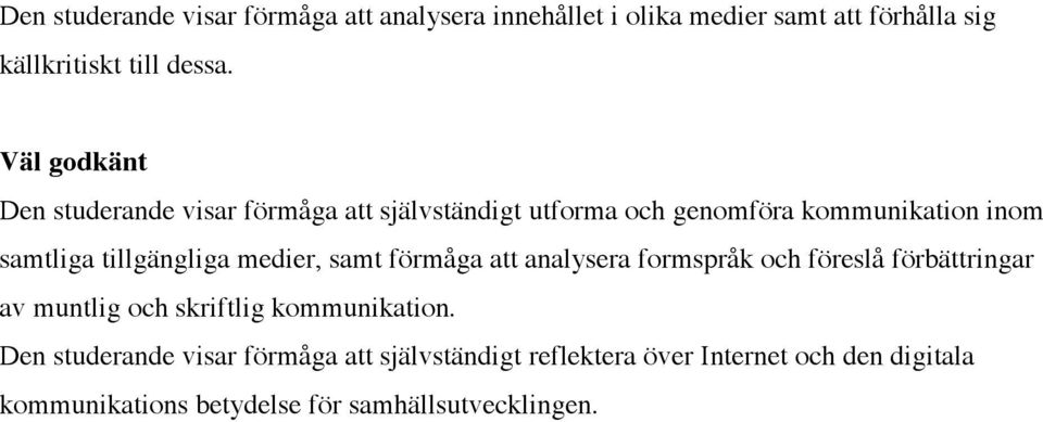 medier, samt förmåga att analysera formspråk och föreslå förbättringar av muntlig och skriftlig kommunikation.