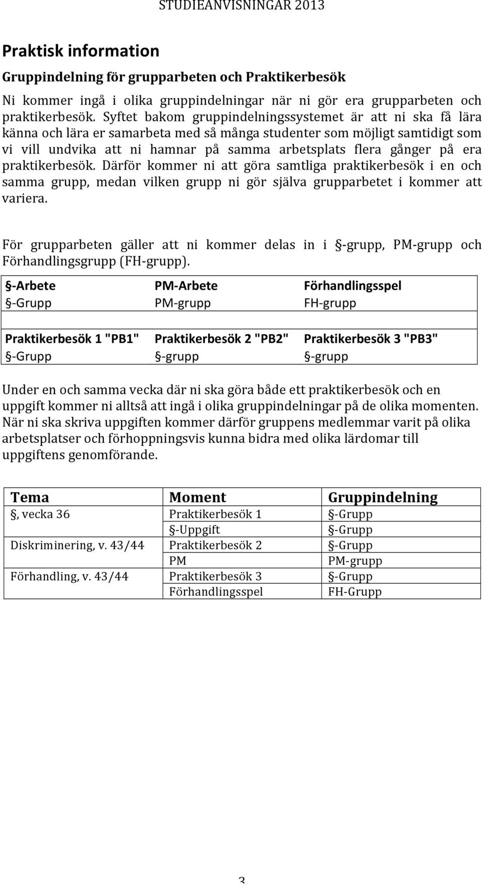 på era praktikerbesök. Därför kommer ni att göra samtliga praktikerbesök i en och samma grupp, medan vilken grupp ni gör själva grupparbetet i kommer att variera.