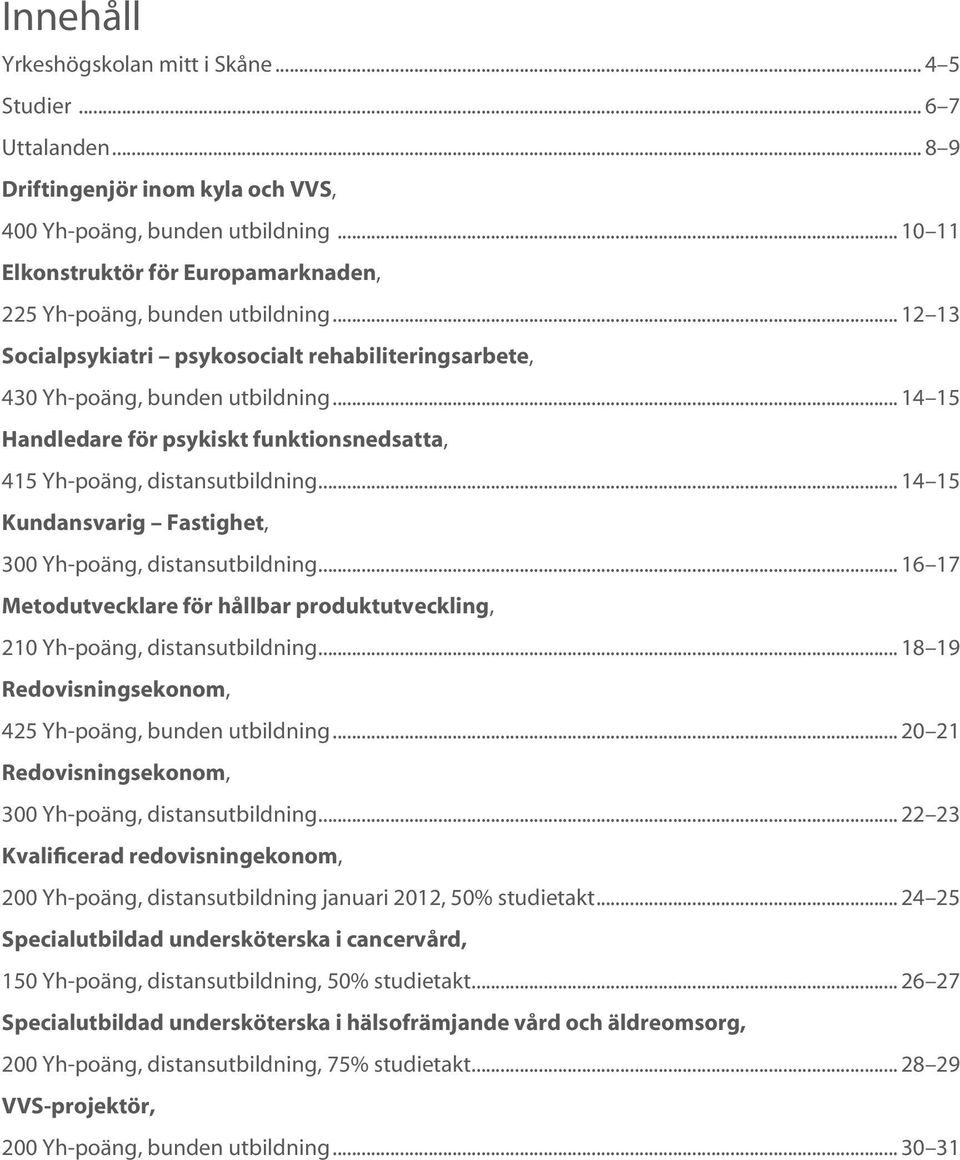 .. 14 15 Handledare för psykiskt funktionsnedsatta, 415 Yh-poäng, distansutbildning... 14 15 Kundansvarig Fastighet, 300 Yh-poäng, distansutbildning.