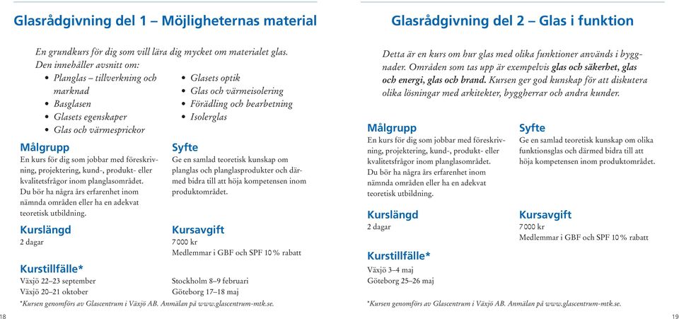 Den innehåller avsnitt om: Planglas tillverkning och marknad Basglasen Glasets egenskaper Glas och värmesprickor * Växjö 22 23 september Växjö 20 21 oktober Glasets optik Glas och värmeisolering