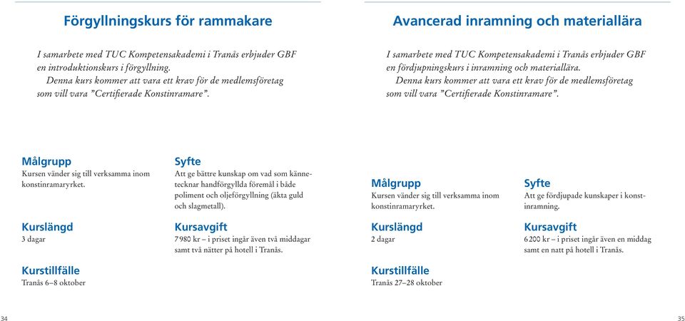 I samarbete med TUC Kompetensakademi i Tranås erbjuder GBF en fördjupningskurs i inramning och materiallära.  Kursen vänder sig till verksamma inom konstinramaryrket.