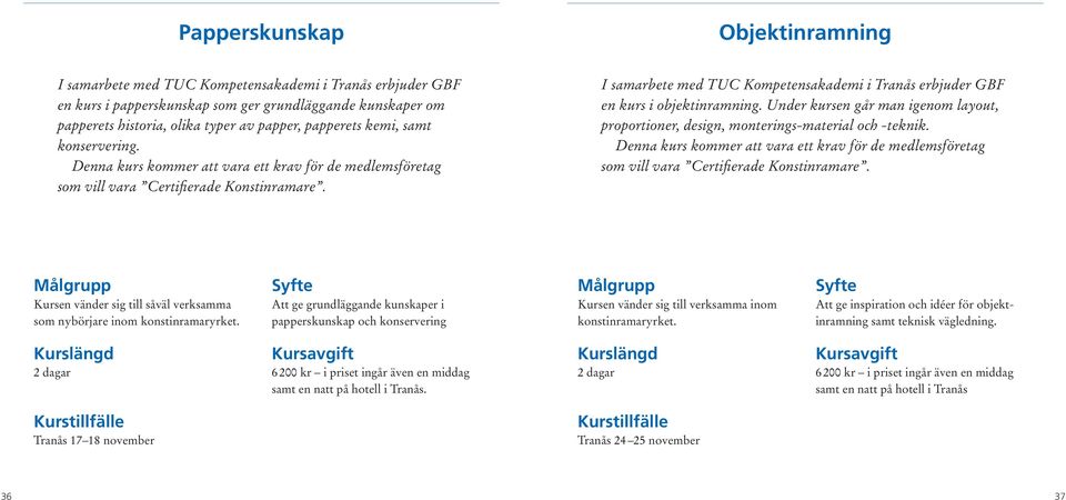 I samarbete med TUC Kompetensakademi i Tranås erbjuder GBF en kurs i objektinramning. Under kursen går man igenom layout, proportioner, design, monterings-material och -teknik.