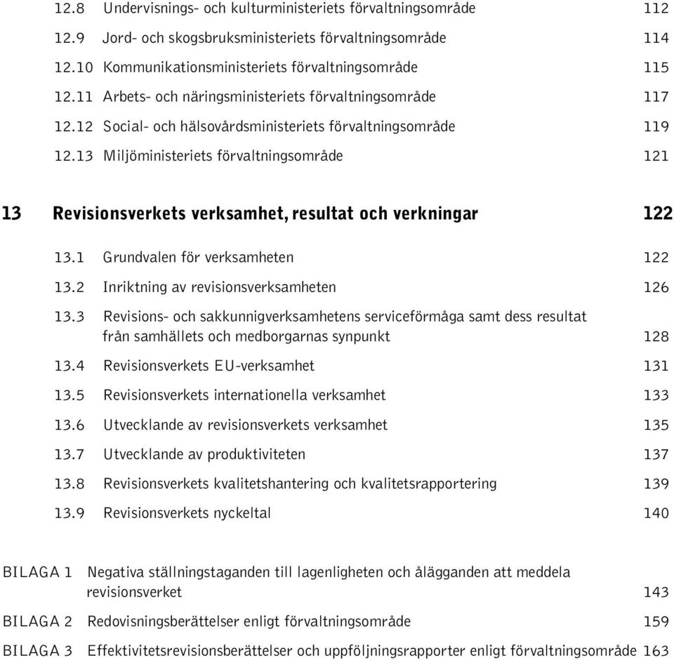 13 Miljöministeriets förvaltningsområde 121 13 Revisionsverkets verksamhet, resultat och verkningar 122 13.1 Grundvalen för verksamheten 122 13.2 Inriktning av revisionsverksamheten 126 13.