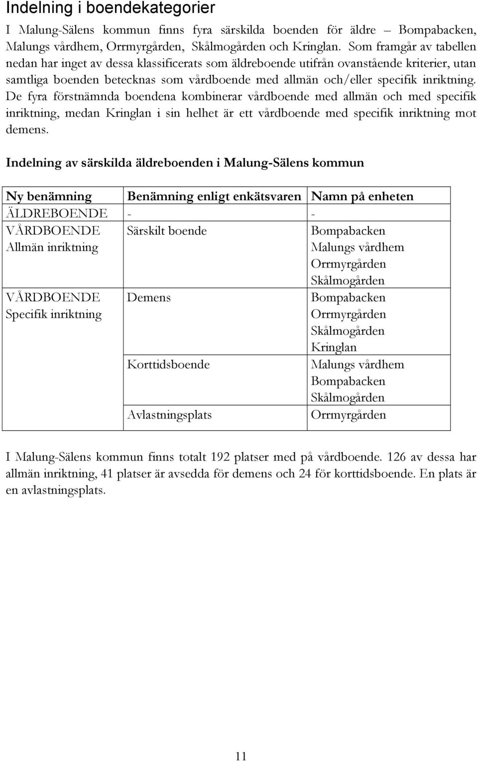 De fyra förstnämnda boendena kombinerar vårdboende med allmän och med specifik inriktning, medan Kringlan i sin helhet är ett vårdboende med specifik inriktning mot demens.