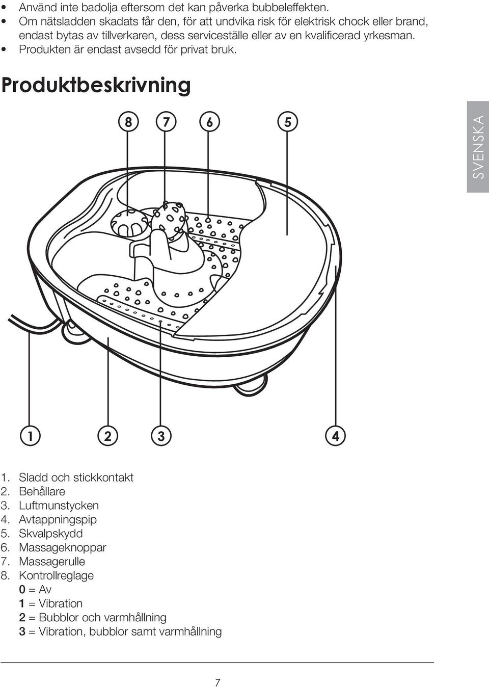 eller av en kvalificerad yrkesman. Produkten är endast avsedd för privat bruk. Produktbeskrivning 8 7 6 5 SVENSKA 1 2 3 4 1.