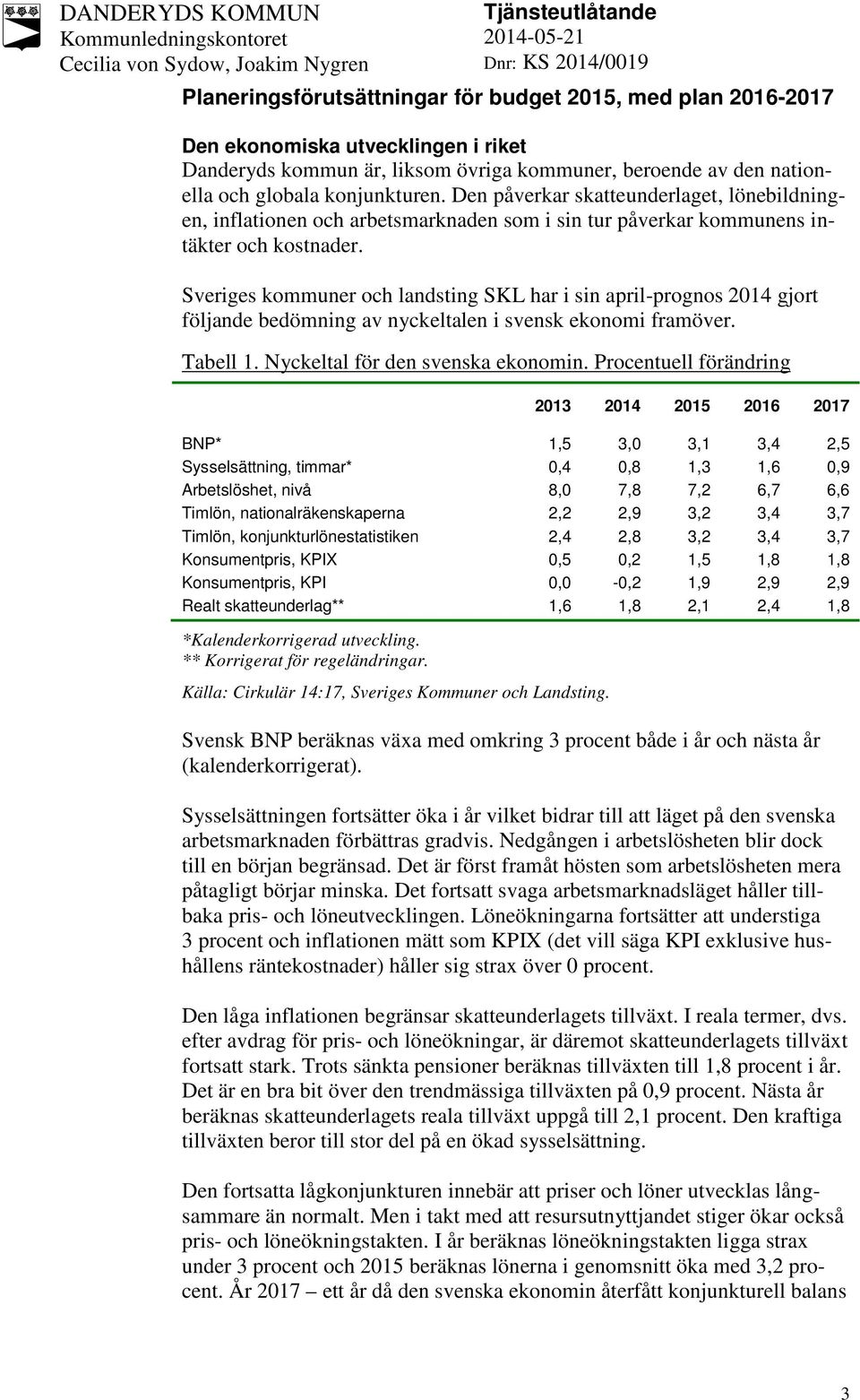Sveriges kommuner och landsting SKL har i sin april-prognos 2014 gjort följande bedömning av nyckeltalen i svensk ekonomi framöver. Tabell 1. Nyckeltal för den svenska ekonomin.