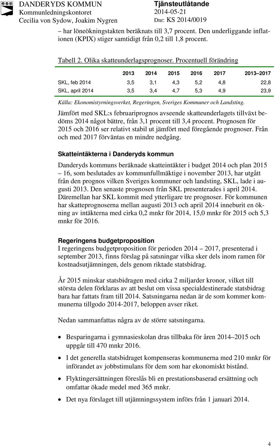 och Landsting. Jämfört med SKL:s februariprognos avseende skatteunderlagets tillväxt bedöms 2014 något bättre, från 3,1 procent till 3,4 procent.